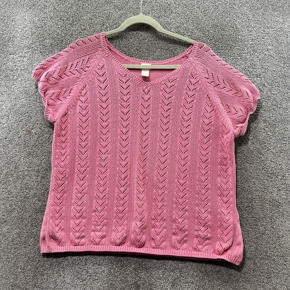 VTG J Jill Sweater Top Women XL Petite Pink Knit V Neck Short Sleeve Soft Girl‎ - Picture 1 of 7